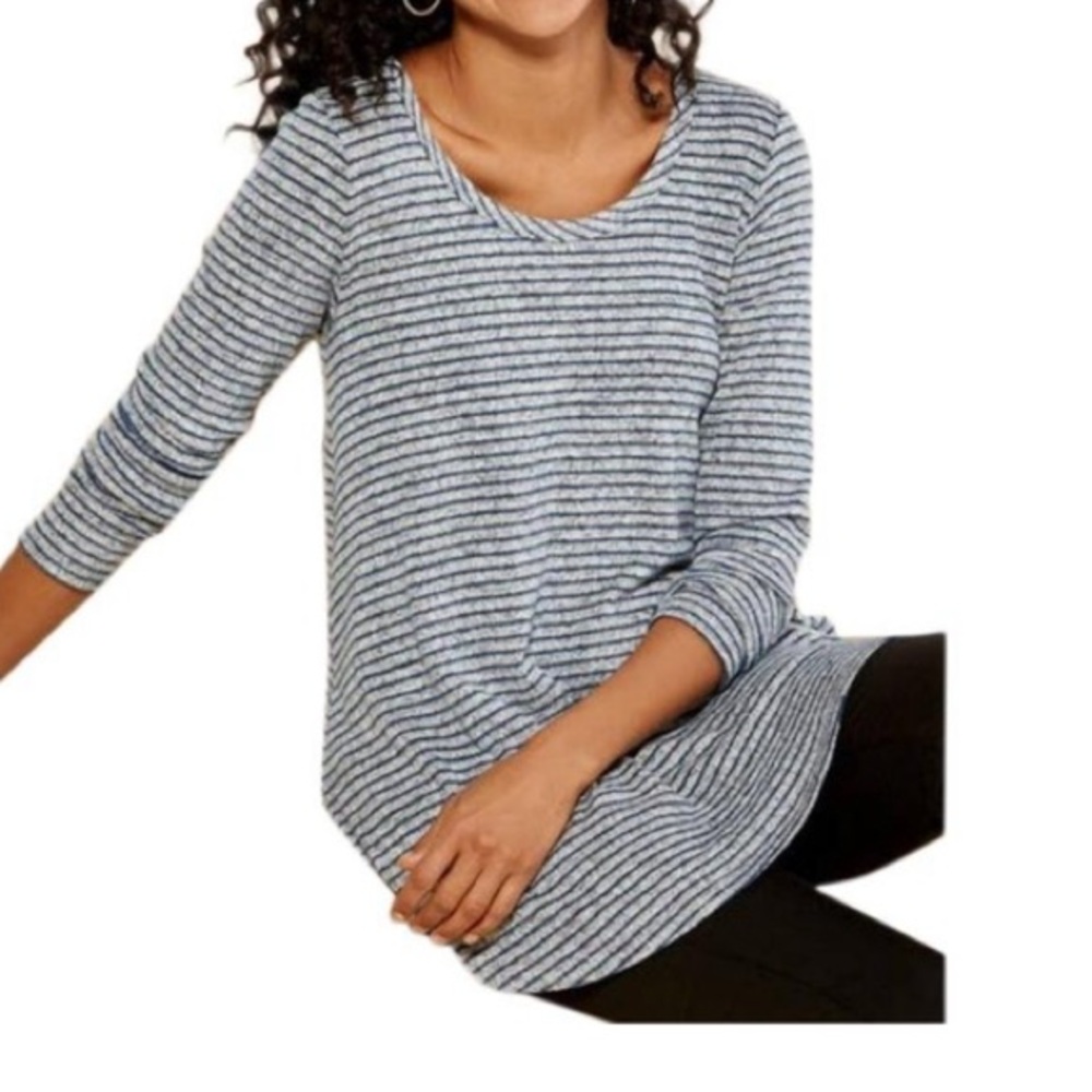 Soft Surroundings Unwind Tunic Flowy Long Sleeve Swing Top Heather Gray Stripe S